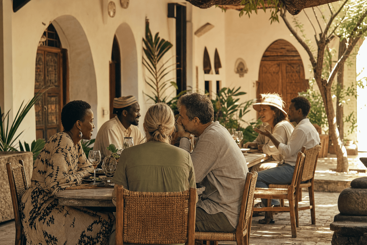 Travelers and African hospitality hosts gathered in a warm courtyard