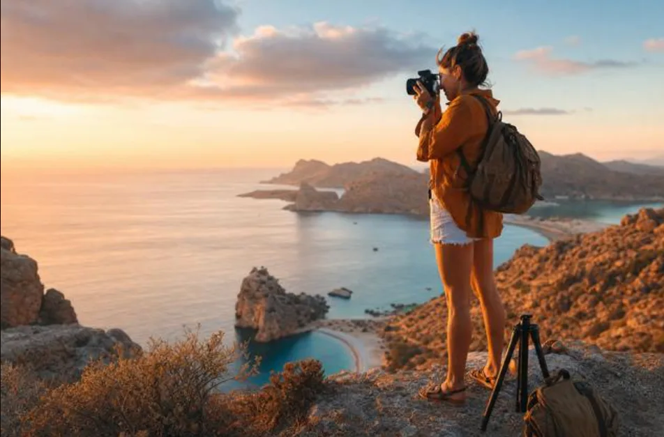 A travel Creator photographing a coastal landscape