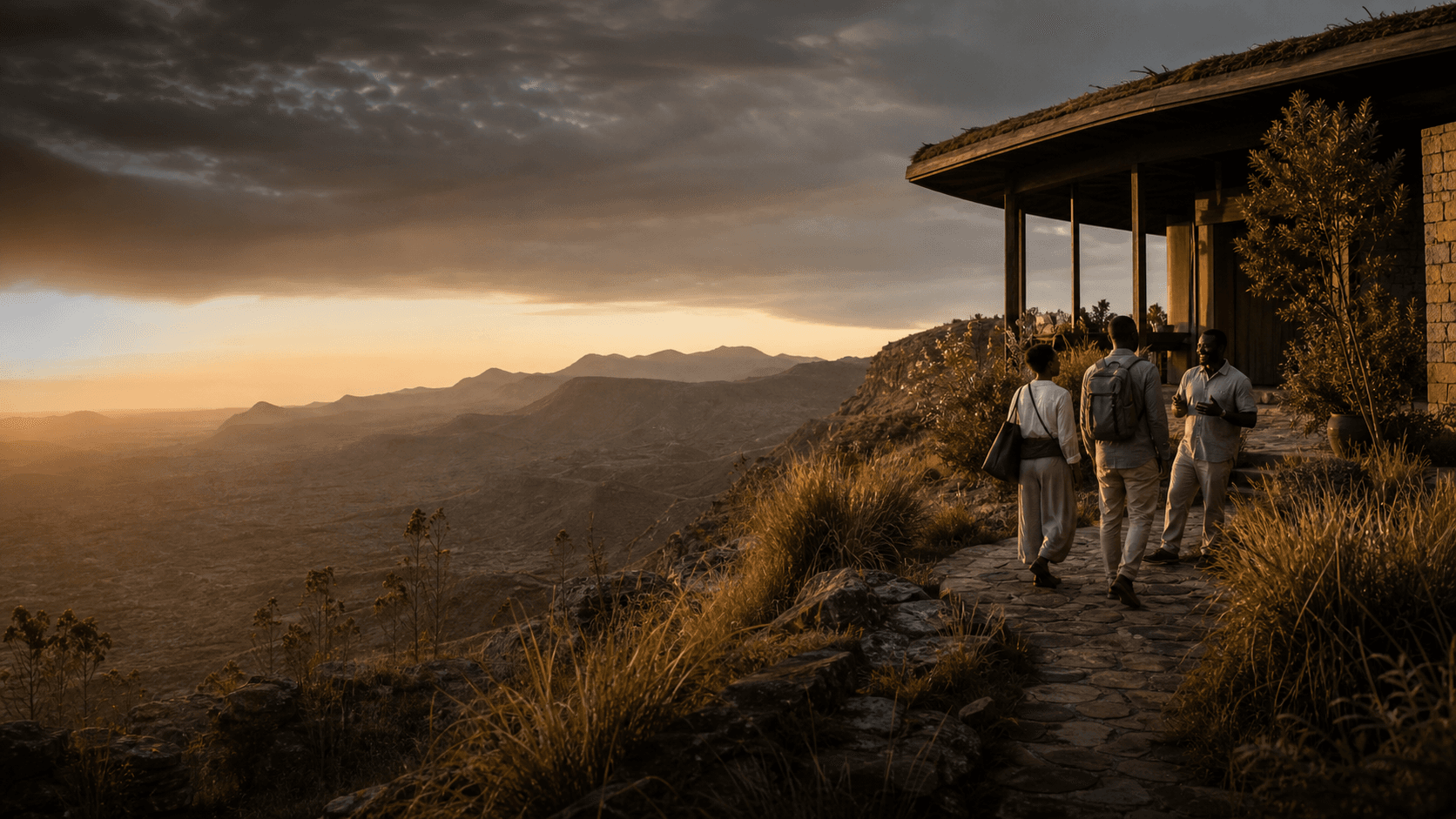 Travelers being welcomed to a highland lodge at sunrise